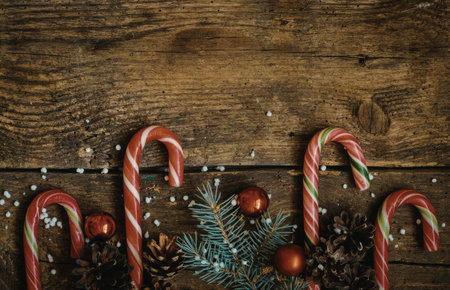 A festive arrangement of candy canes, pine branches, and red ornaments on a dark wooden background, evoking a sense of holiday cheer.