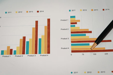 The image presents a visual representation of data trends using bar graphs and charts, with a pencil pointing to specific data points.