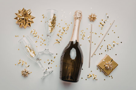 A bottle of champagne and two glasses surrounded by gold confetti and decorations on a white background.