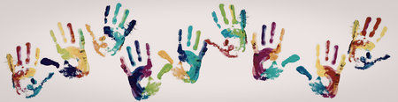 A row of colorful handprints on a white background, with each handprint featuring a unique combination of bright colors.
