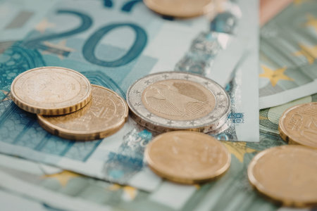 A close-up view of euro banknotes and coins, with a focus on the 20 euro note and various gold and silver coins.