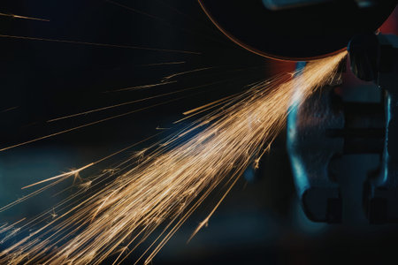A stream of bright orange and yellow sparks fly through the dark air, originating from a welding torch.