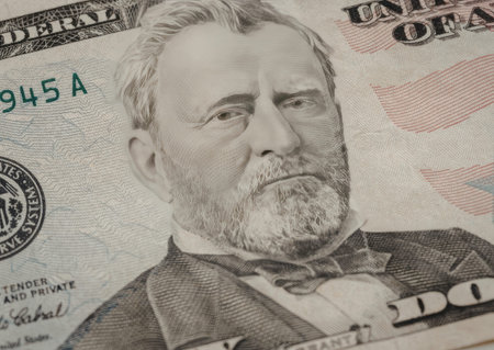 A close-up view of Ulysses S. Grant's portrait on the 50 dollar bill, showcasing his detailed facial features and attire.