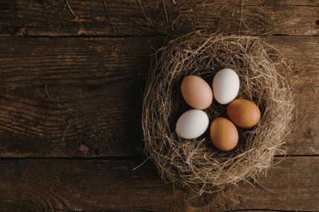 A bird's nest containing five eggs of different colors, including white, brown, and light brown, placed on a dark wooden surface.