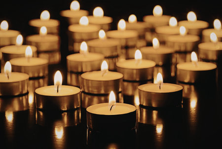 A collection of lit candles in the dark, creating a warm and peaceful ambiance.