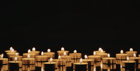 A serene and peaceful image of multiple candles lit and arranged in a row against a dark background, creating a warm and cozy ambiance.