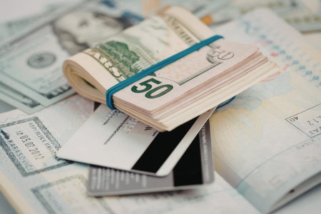 A bundle of fifty euro bills secured with a blue rubber band placed on top of other currencies and a wallet