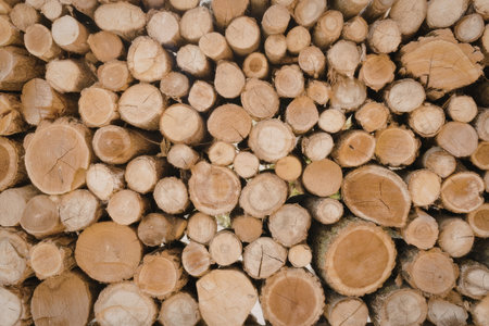 A stack of cut logs, possibly for firewood, showcasing various sizes and textures of wood.