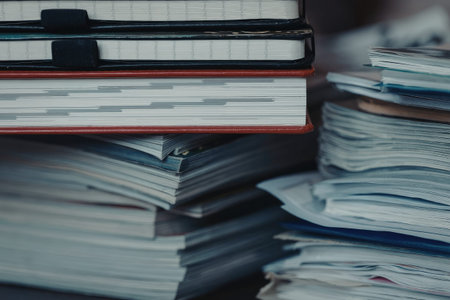 Stacks of organized office papers and notebooks on a desk, with some binders and folders visible.