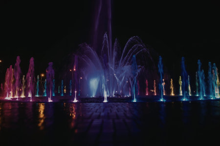 Vibrant multicolored fountain display shines brightly at night with purple, blue, and pink lights illuminating water jets in a serene and peaceful atmosphere.