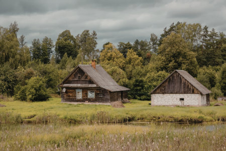 Old wooden houses stand beside a serene river surrounded by lush green trees and tall grass under a cloudy sky.