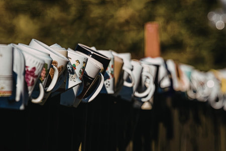 Assortment of varied decorated coffee mugs hangs in a line along a dark fence outdoors against a heavily blurred green background suggesting decoration or novelty.