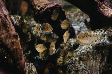 Small yellow spotted fish swim together in a freshwater aquarium surrounded by rocks and driftwood creating a natural underwater environment.