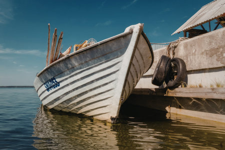 Small white wooden boat gently docked at a weathered wooden pier surrounded by calm lake water and a clear blue sky.