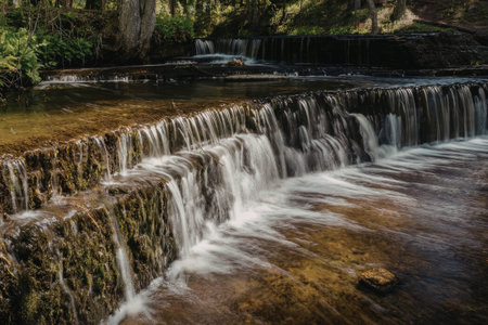 a small waterfall flows over mossy rocks in a forest, with greenery in the background and sunlight filtering through the trees, creating a serene and peaceful atmosphere
