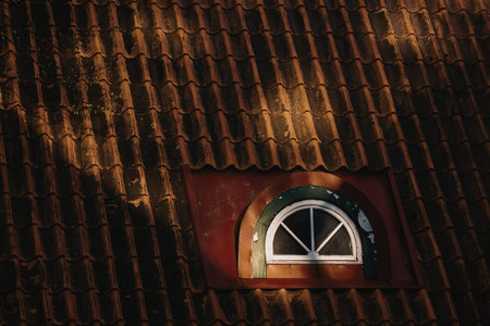 a small semicircular window on a dark roof with orange light shining through it, the roof appears to be made of curved tiles and the window has a white frame