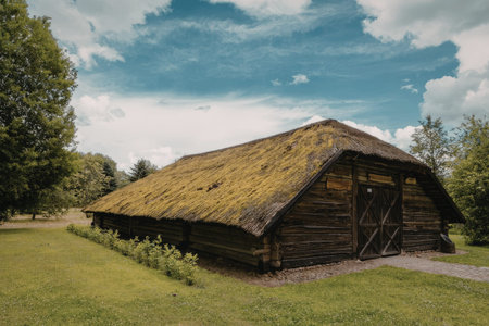 a traditional wooden barn with a thatched roof covered in moss, situated in a lush green field surrounded by trees and a blue sky with white clouds