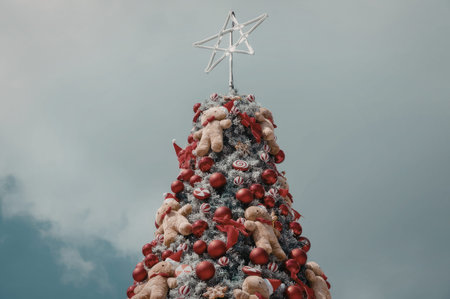 a christmas tree with red and gold ornaments and a star on top