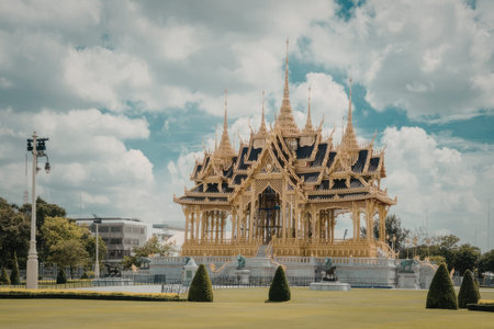 a large building with a spire and a green and orange exterior. the building is surrounded by a grassy area with trees and a light pole. the sky is cloudy and blue.