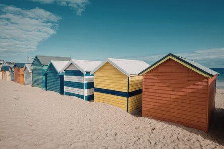 a row of colorful beach huts with white roofs on a sunny day with blue sky and green grass