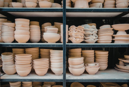 the image shows a shelf with multiple stacks of ceramic bowls and plates in various shapes sizes and colors including white gray brown and pink