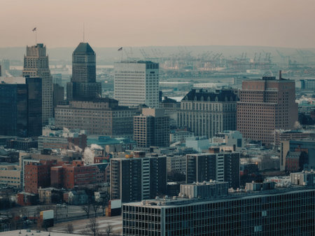 a highly pixelated image of a cityscape with many buildings and a skyline at sunset or sunrise. the buildings are various shades of gray, green, and blue. the sky is a mix of orange, yellow, and gray.