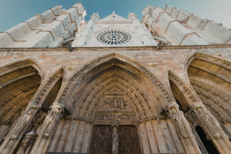 a close-up view of a gothic-style building featuring a large circular window above a pointed arch doorway
