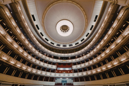 a large circular room with a high ceiling and balconies. the room is made of metal and has a large circular opening in the center of the ceiling. the walls are lined with balconies that have railings and are supported by gold-colored columns. the ceiling is white and has a large circular light fixture in the center.
