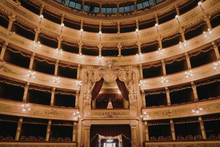 the image shows a large ornate theater with a curved balcony. the balcony is made of wood and has several levels. the walls are decorated with intricate carvings and paintings. the ceiling is high and domed. the overall atmosphere suggests a grand and historic venue.