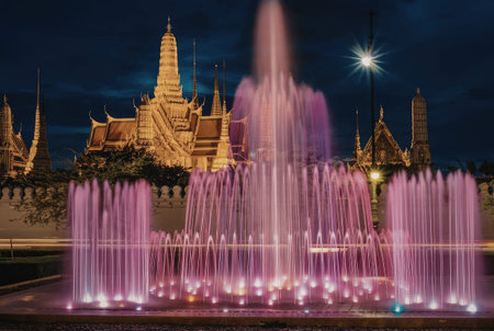 a large pink fountain with water jets shooting up into the air in front of a lit-up temple at night. the sky is dark blue and there are several buildings in the background. the fountain is lit up with pink lights and there is a tall structure in the center of the fountain.