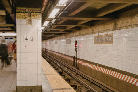 a pixelated image of a train station platform with a train on the tracks, a sign on the wall and a red and white striped barrier