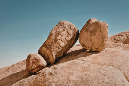 a pixelated image of three large rocks on a sandy hill with a blue sky in the background