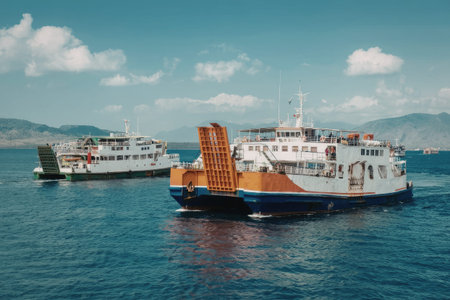 two boats floating on a body of water with a blue sky and white clouds in the background
