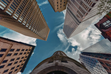 a low-angle shot of several skyscrapers against a blue sky with white clouds