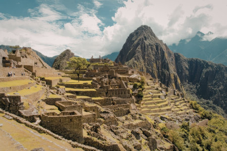 a pixelated photo of machu to machu picchu, an ancient inca city in peru, surrounded by mountains and greenery