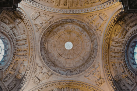 a image of a domed ceiling with intricate designs and two circular windows on either side