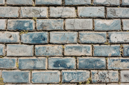 a close-up of a gray brick wall with blue and green graffiti on it. the wall is made of rectangular bricks that are stacked on top of each other. some of the bricks have blue and green graffiti on them. the bricks are gray in color and have some darker gray spots on them. there are also some green spots on the bricks which appear to be moss or lichen growing in the cracks.