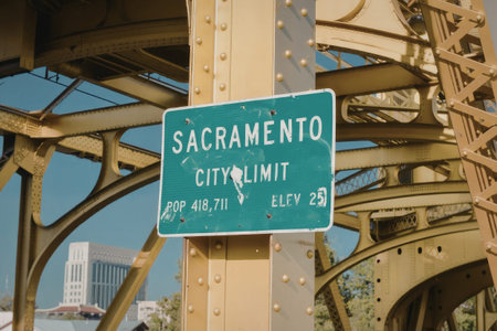 a green sign with white text on a yellow post. the sign reads 'sacramento city limit' and has additional text below it. the background is a blue sky and a metal structure