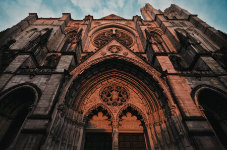 The image depicts a low-angle shot of a building's facade, showcasing a grand archway adorned with intricate designs and patterns. The archway is set against a backdrop of a blue sky with white clouds. The building's exterior appears to be constructed from dark-colored stone or brick, with a striking contrast provided by the vibrant orange and yellow hues of the archway's decorations. The overall effect is one of grandeur and architectural beauty.