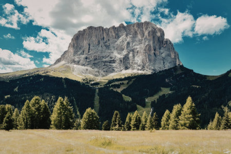 a large gray mountain stands tall on a green hillside with trees on a sunny day