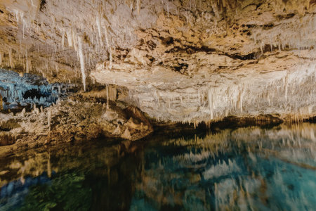 a image of a cave with a pool of water and stalactites on the walls and ceiling