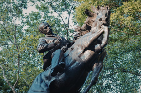 a highly pixelated statue of a man on a horse standing in a park with trees behind him. the statue appears to be made of stone or metal and is quite detailed, with the man wearing a hat and holding the reins of the horse. the horse is rearing up on its hind legs, with its front legs raised in the air. the background is filled with green trees and foliage, suggesting a peaceful and serene environment.
