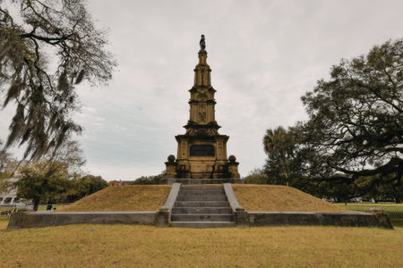 a tall gray tower sitting on top of a hill with steps leading up to it and trees on either side