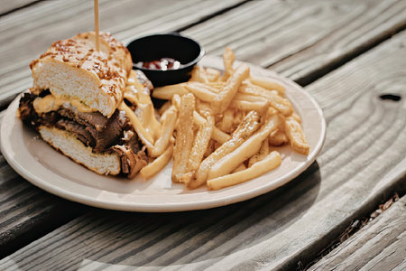 A mouth-watering beef burger with melted cheese and a side of crispy fries on a rustic wooden table.