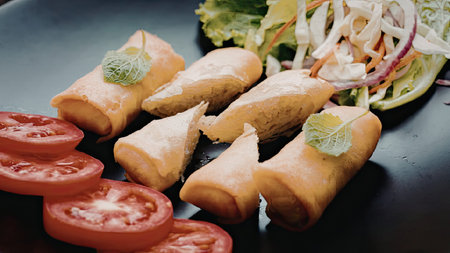 A plate of crispy spring rolls served with sliced tomatoes and a fresh salad.