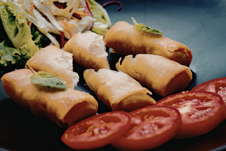A plate of crispy spring rolls served with sliced tomatoes and a fresh salad