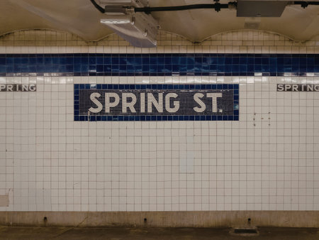 a close-up shot of a street sign on a subway station. the sign reads spring st. the background is a gray subway station with a blue stripe running along the top. there are also some green trees visible in the background.