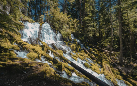 a small waterfall is cascading down a rocky slope covered in green moss and vegetation. the water appears white as it flows over the rocks. the image is quite pixelated and has a dark and moody tone.