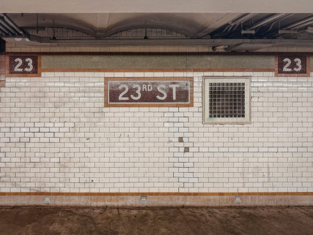 a white brick wall with a sign that says 23rd st and a window with a metal grate