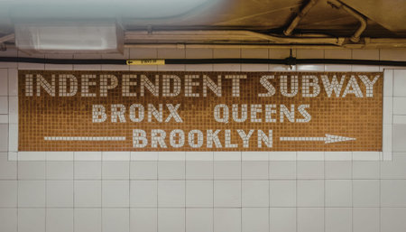 A pixelated image of a vintage subway sign advertising the independent subway in New York City, listing Bronx, Queens, and Brooklyn as destinations.
